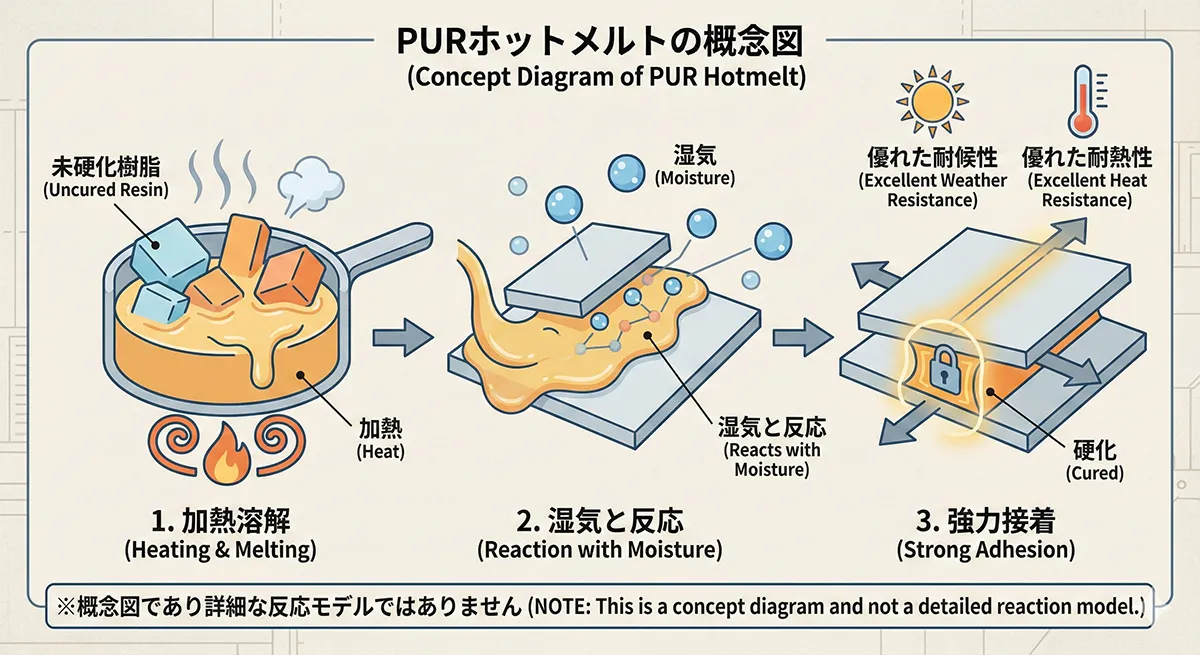 PURホットメルトの概念図：1.加熱溶解 2.湿気反応 3.強力接着